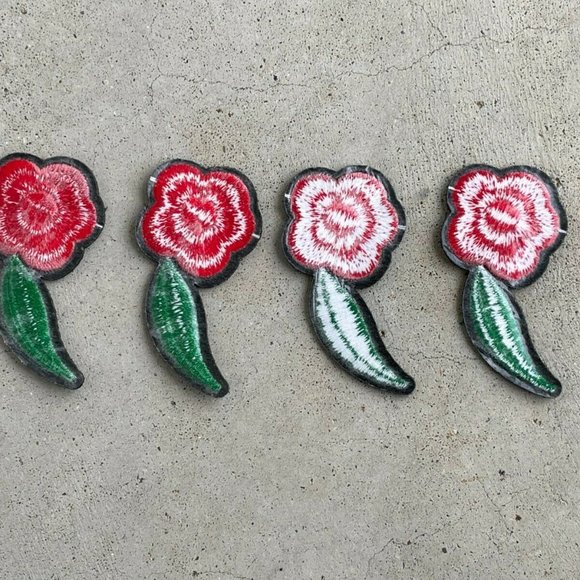 Red Flower With Green Leaf Patches Iron On Embroidery Applique Patches Lot of 4 - Picture 5 of 9